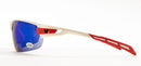 Sportbrille PHO blau Verspiegelte Gläser Rahmen weiss rot Seitenansicht